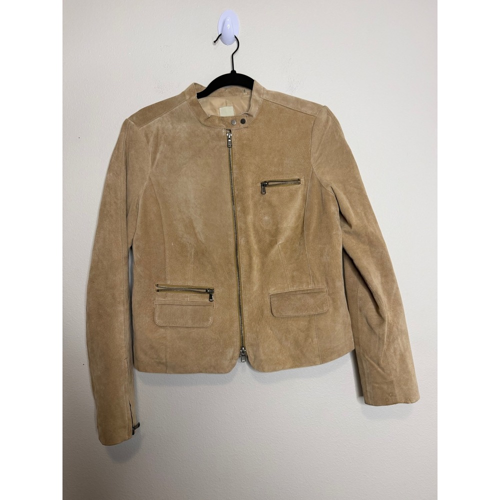 Ecru Tan Suede Leather Jacket Women's Medium Moto Mandarin Collar Zip Up Sand